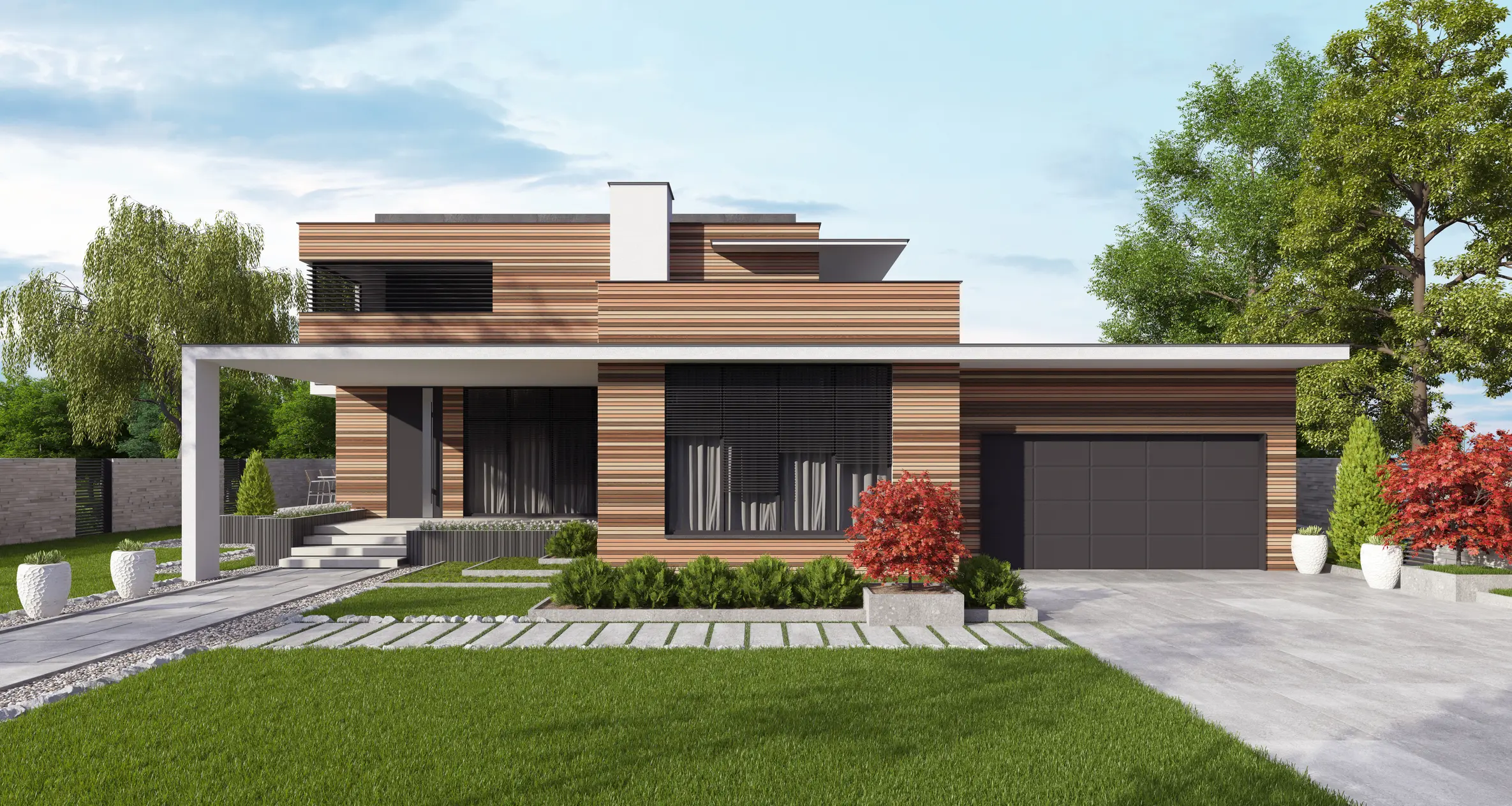 Modern house with a spacious front yard.