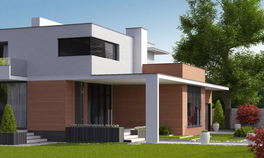 Modern house with wooden and metal accents.