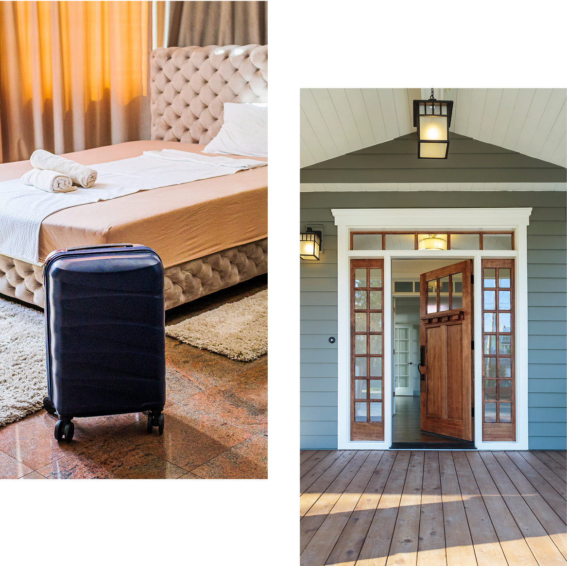 Luggage in bedroom and house entrance.